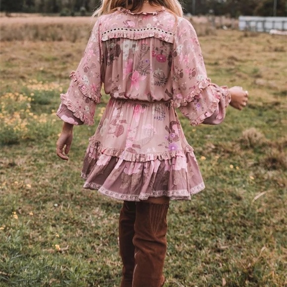 SOLD OUT Boho Gypsy Floral Long Sleeve Ruffle Mini Dress - Picture 4 of 10